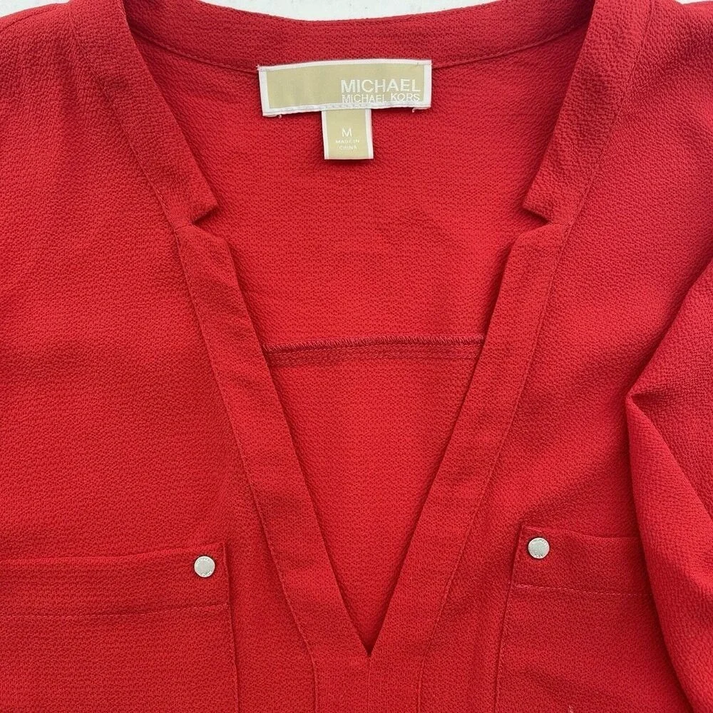 Michael Kors Medium‎ Blouse V-Neck Long Sleeve Red Lightweight Pockets Women's